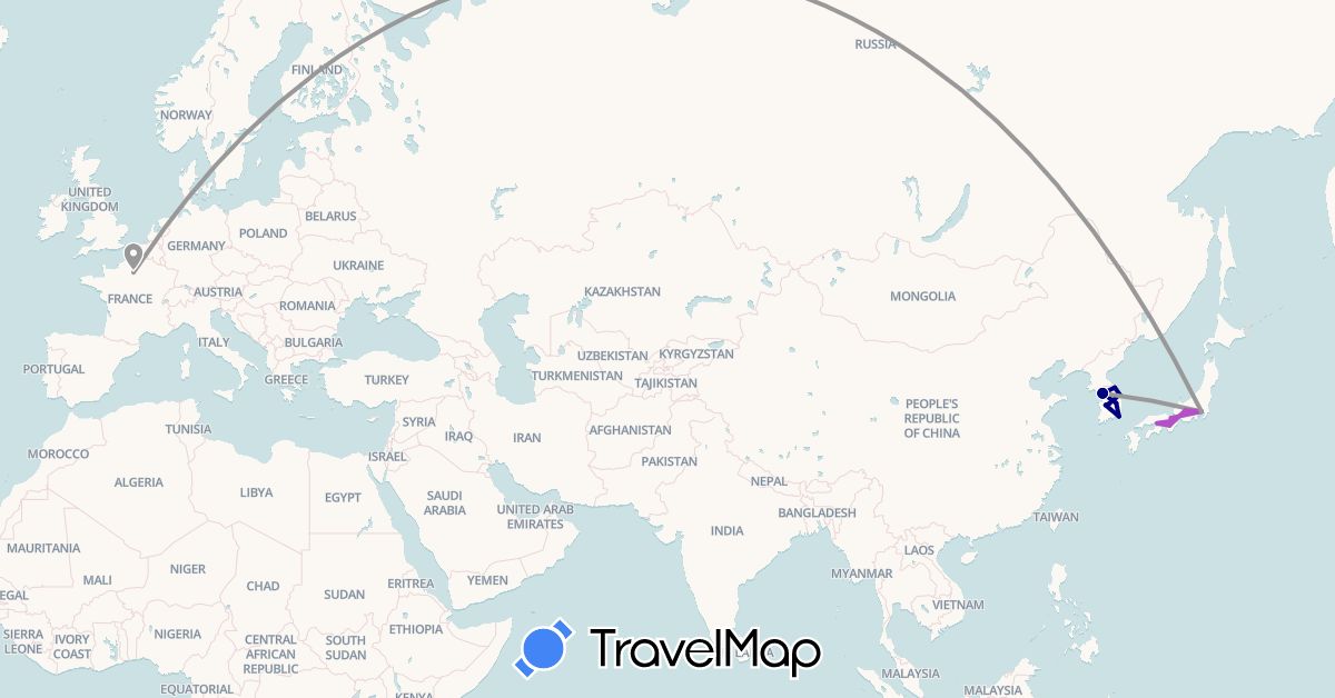 TravelMap itinerary: driving, plane, train in France, Japan, South Korea (Asia, Europe)